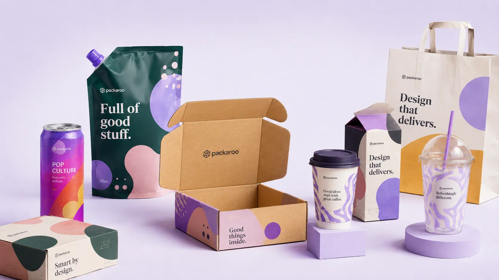 Colourful Packaroo packaging range including cans, pouches, cups, bags and boxes