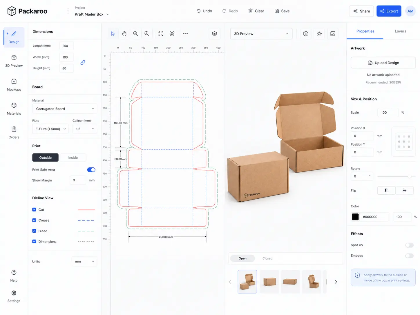 Packaroo editor with flat packaging design and 3D preview