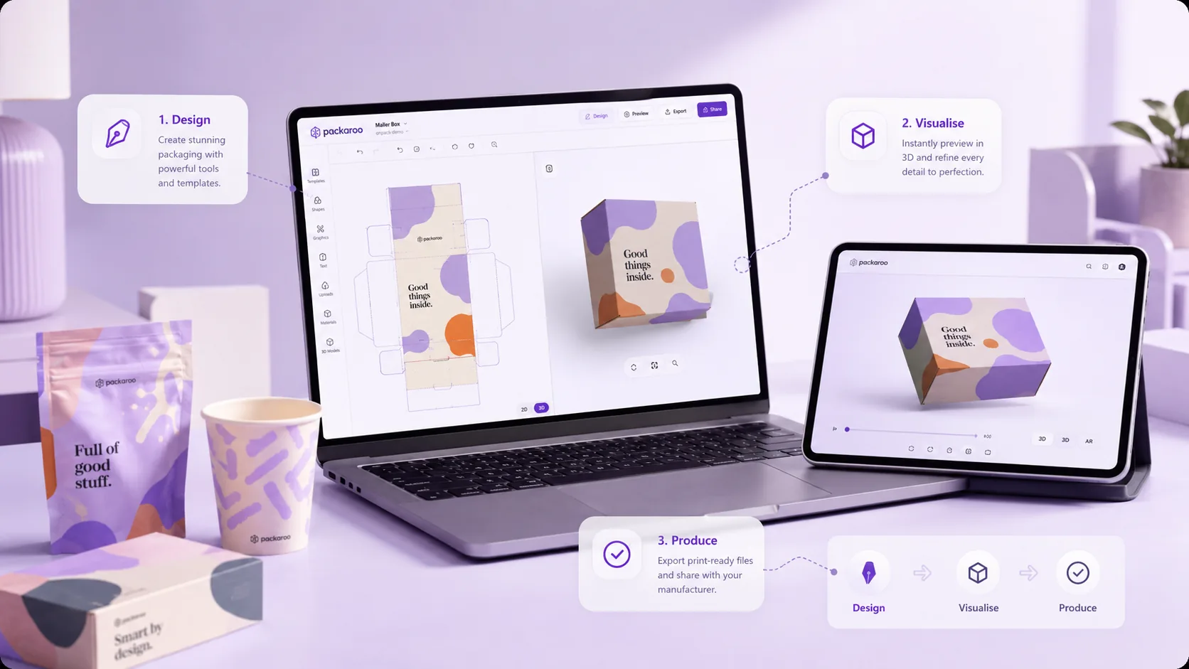 Packaroo on laptop and tablet showing the design, 3D visualise and produce workflow for a mailer box